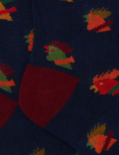 Kids' long blue cotton socks with multicoloured hen motif - Black Friday Kids | Gallo 1927 - Official Online Shop