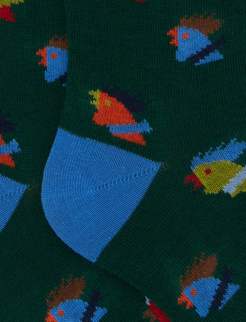 Kids' long green cotton socks with multicoloured hen motif - Black Friday Kids | Gallo 1927 - Official Online Shop