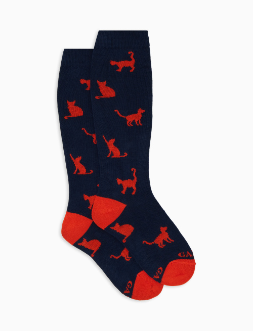 Kids' long blue cotton socks with cat motif - Black Friday Kids | Gallo 1927 - Official Online Shop