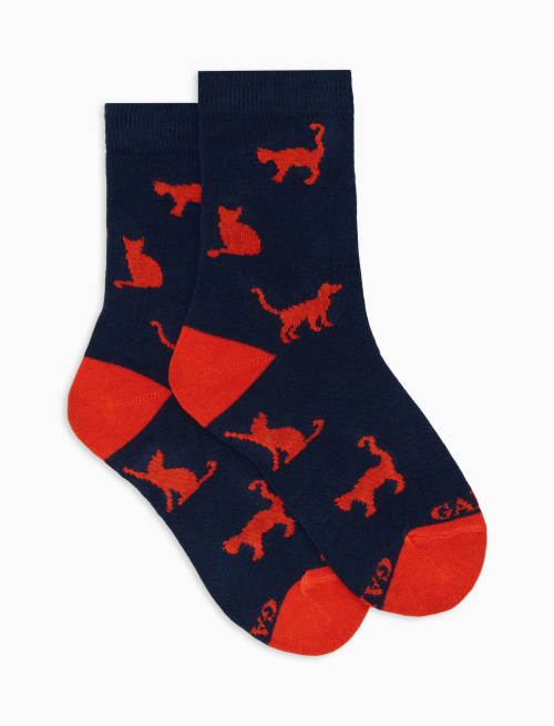 Kids' short blue cotton socks with cat motif - Socks | Gallo 1927 - Official Online Shop