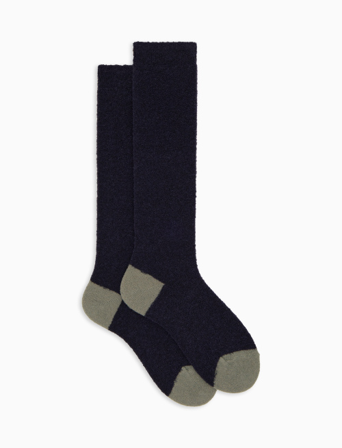 Women's long plain blue bouclé wool socks with contrasting details - Long | Gallo 1927 - Official Online Shop