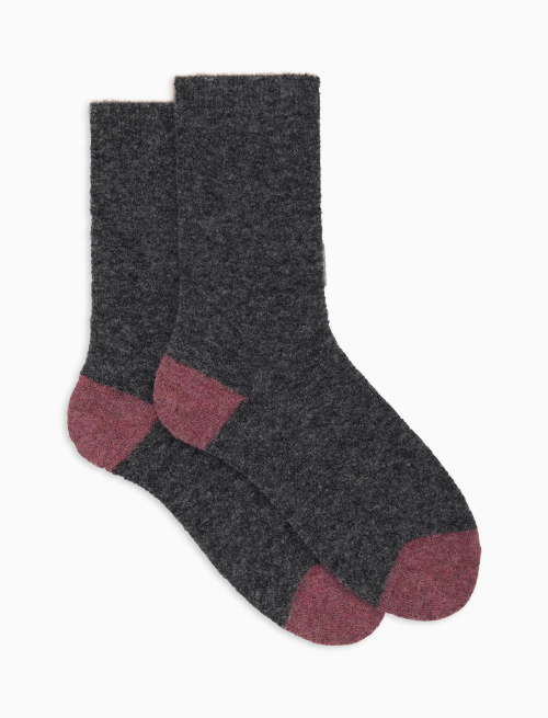 Women's short plain grey bouclé wool socks with contrasting details - Socks | Gallo 1927 - Official Online Shop