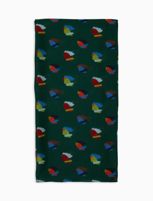 Lightweight unisex green scarf with multicoloured rooster motif - Scarves | Gallo 1927 - Official Online Shop