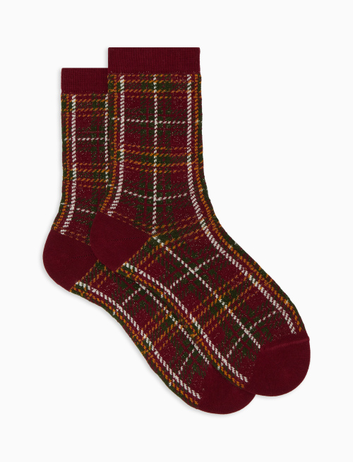 Women's short burgundy cotton and lurex socks with tartan motif - Short | Gallo 1927 - Official Online Shop