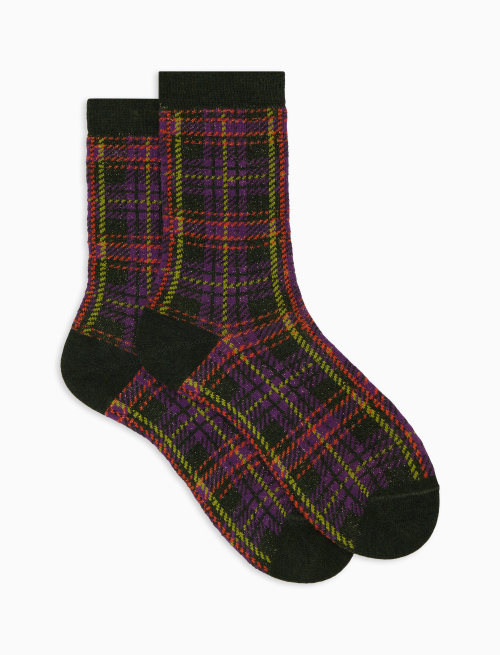 Women's short green cotton and lurex socks with tartan motif - Short | Gallo 1927 - Official Online Shop