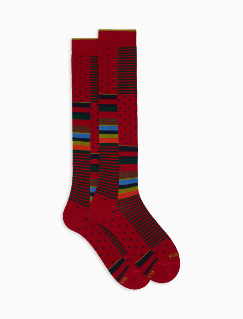 Men's long red cotton socks with multicolour block motif, polka dots and Windsor stripe - Black Friday Man | Gallo 1927 - Official Online Shop