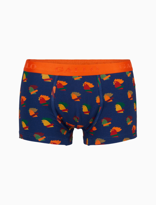 Men's blue cotton boxer shorts with multicoloured rooster motif - Underwear | Gallo 1927 - Official Online Shop