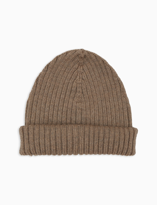 Unisex plain beige ribbed wool, silk and cashmere beanie - Accessories | Gallo 1927 - Official Online Shop