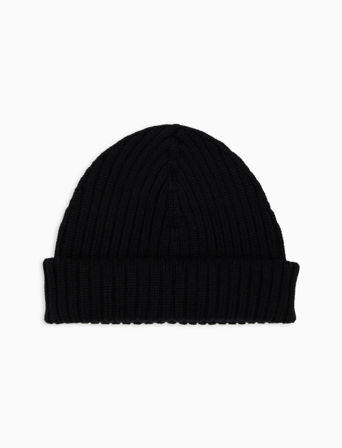 Unisex plain black ribbed wool, silk and cashmere beanie - Accessories | Gallo 1927 - Official Online Shop