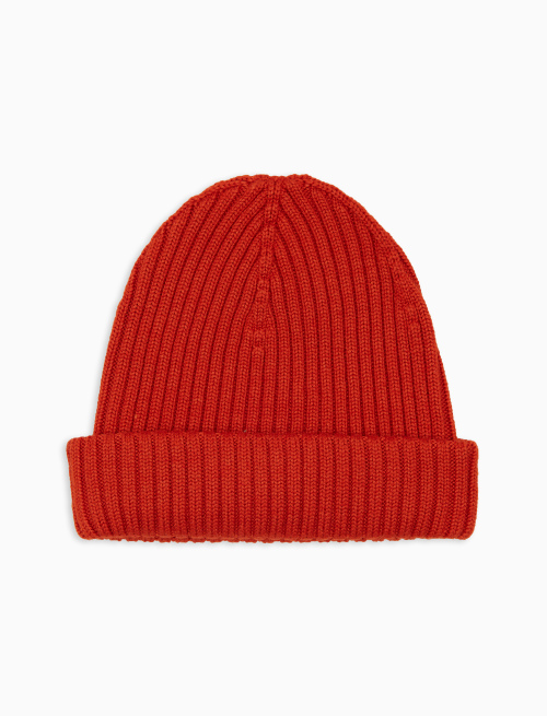 Unisex plain orange ribbed wool, silk and cashmere beanie - Man | Gallo 1927 - Official Online Shop