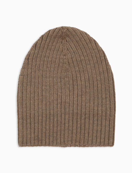 Unisex plain beige ribbed beanie in wool, silk and cashmere - Hats | Gallo 1927 - Official Online Shop