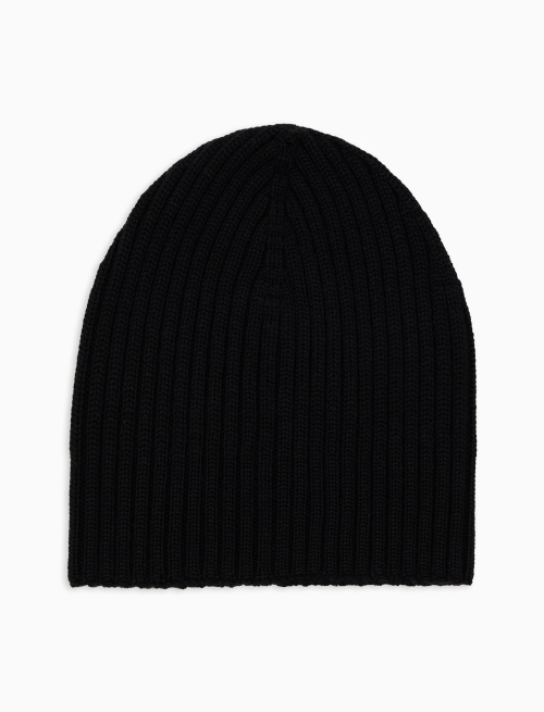 Unisex plain black ribbed beanie in wool, silk and cashmere - Accessories | Gallo 1927 - Official Online Shop