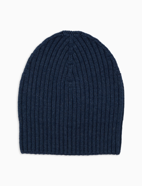Unisex plain blue ribbed beanie in wool, silk and cashmere - Accessories | Gallo 1927 - Official Online Shop