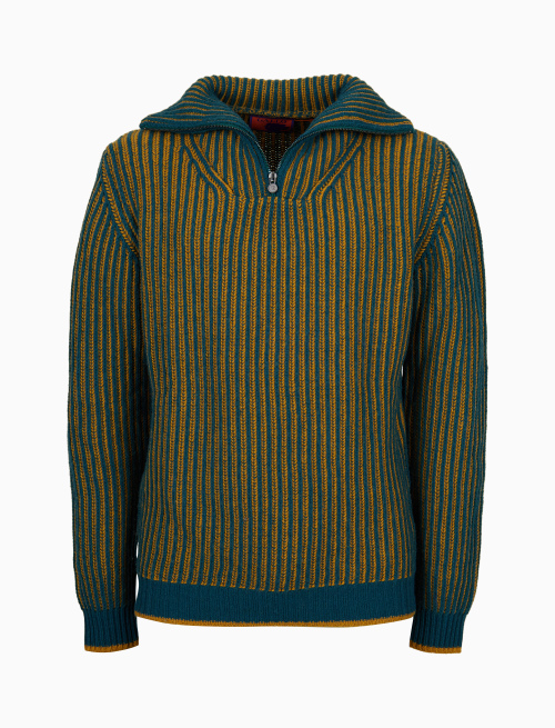 Men's mock-neck sweater in green wool and cashmere with two-tone plated fisherman's rib stitch - Clothing | Gallo 1927 - Official Online Shop