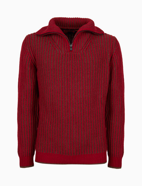 Men's mock-neck sweater in red wool and cashmere with two-tone plated fisherman's rib stitch - Clothing | Gallo 1927 - Official Online Shop