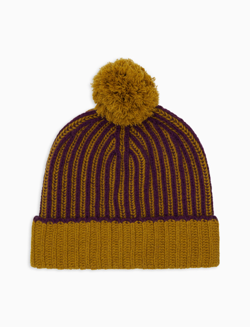 Unisex beanie in purple wool and cashmere with cuff and two-tone plated fisherman's rib stitch - Hats | Gallo 1927 - Official Online Shop