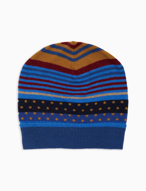 Unisex blue wool and cashmere beanie with stripes and polka dots - Hats | Gallo 1927 - Official Online Shop