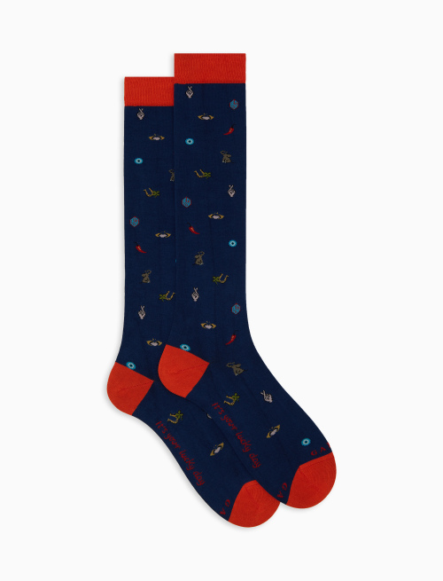 Men’s long blue cotton socks with lucky charm motif - Gift ideas | Gallo 1927 - Official Online Shop