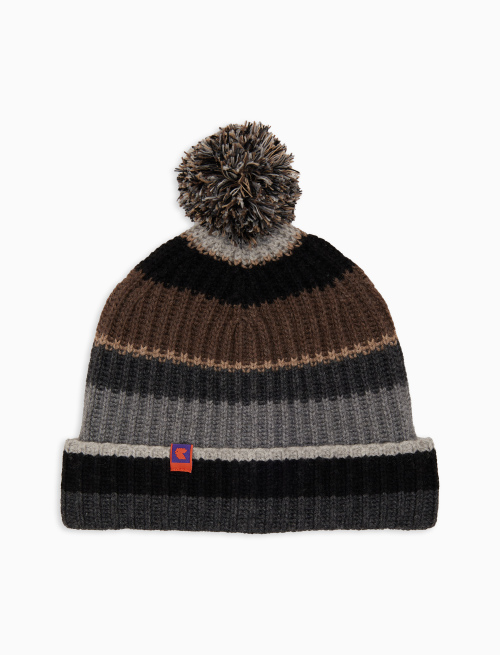Unisex beanie in black wool and cashmere with cuff, fisherman's rib stitch and large multicoloured stripes - Sales -30% | Gallo 1927 - Official Online Shop