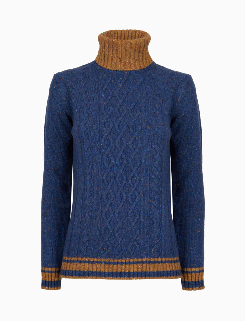 Women's plain blue turtleneck sweater in Aran-stitched wool - Knitwear | Gallo 1927 - Official Online Shop