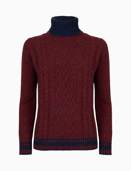 Women's plain burgundy turtleneck sweater in Aran-stitched wool - Knitwear | Gallo 1927 - Official Online Shop