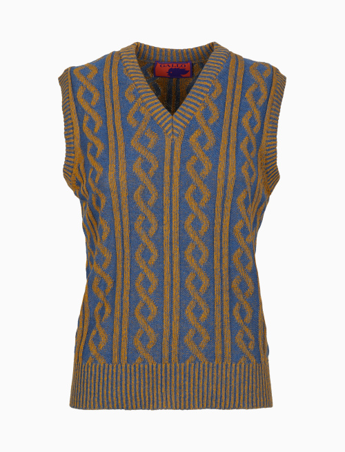 Women's light blue wool and cashmere vest with cable motif and two-tone plated ribbing - Clothing | Gallo 1927 - Official Online Shop