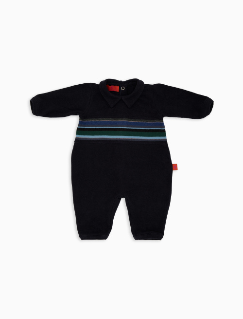 Kids' plain blue fleece romper with multicolour-striped band in the middle - Clothing | Gallo 1927 - Official Online Shop