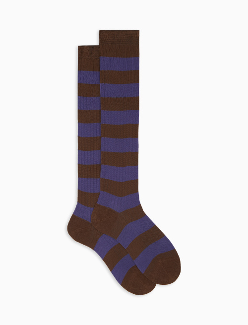 Women’s long brown ribbed cotton socks with two-tone stripes - Bicolor | Gallo 1927 - Official Online Shop