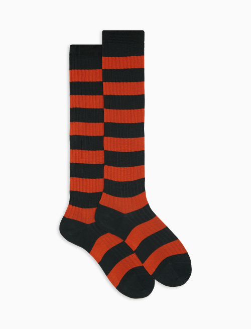 Women’s long grey ribbed cotton socks with two-tone stripes - Long | Gallo 1927 - Official Online Shop