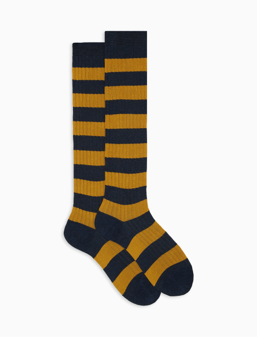 Women’s long blue ribbed cotton socks with two-tone stripes - Bicolor | Gallo 1927 - Official Online Shop