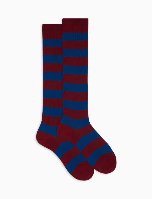 Women’s long burgundy ribbed cotton socks with two-tone stripes - Bicolor | Gallo 1927 - Official Online Shop