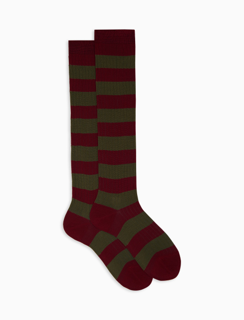 Women’s long burgundy ribbed cotton socks with two-tone stripes - Bicolor | Gallo 1927 - Official Online Shop