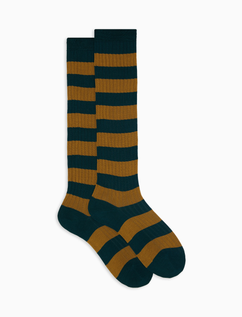 Women’s long green ribbed cotton socks with two-tone stripes - Bicolor | Gallo 1927 - Official Online Shop