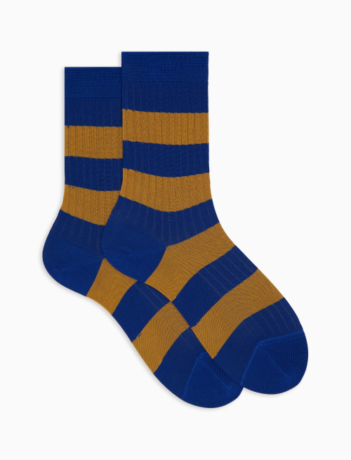 Women's short blue ribbed cotton socks with two-tone stripe pattern - Bicolor | Gallo 1927 - Official Online Shop