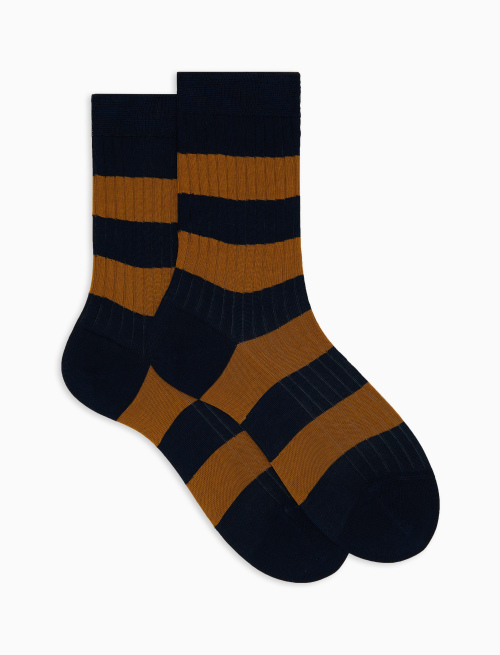 Women’s short blue ribbed cotton socks with two-tone stripes - Bicolor | Gallo 1927 - Official Online Shop