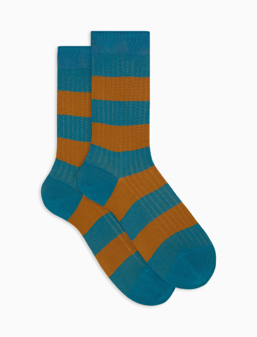 Women's short light blue ribbed cotton socks with two-tone stripe pattern - Bicolor | Gallo 1927 - Official Online Shop