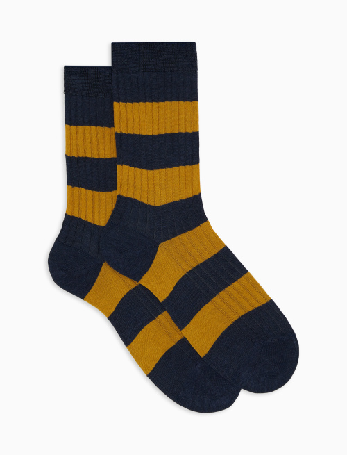 Women’s short blue ribbed cotton socks with two-tone stripes - Bicolor | Gallo 1927 - Official Online Shop