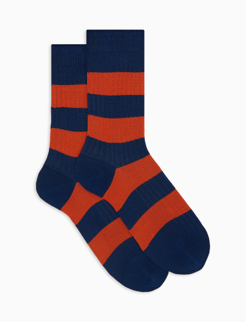 Women's short blue ribbed cotton socks with two-tone stripe pattern - Bicolor | Gallo 1927 - Official Online Shop