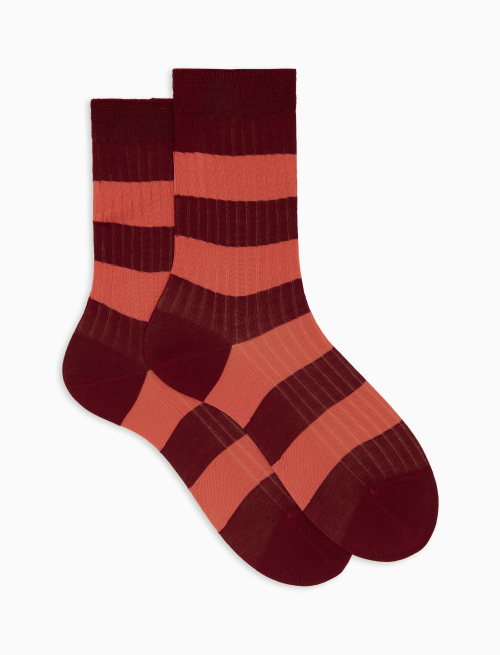 Women’s short burgundy ribbed cotton socks with two-tone stripes - Bicolor | Gallo 1927 - Official Online Shop