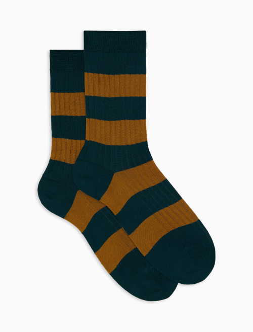 Women’s short green ribbed cotton socks with two-tone stripes - Bicolor | Gallo 1927 - Official Online Shop