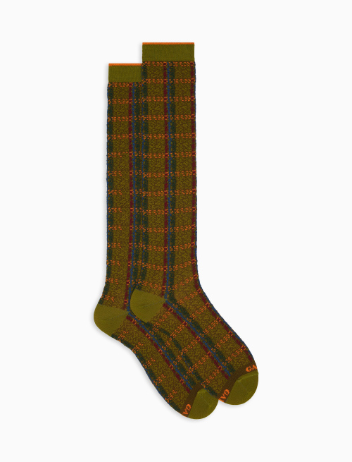 Men’s long green cotton socks with coloured tartan motif - Socks | Gallo 1927 - Official Online Shop