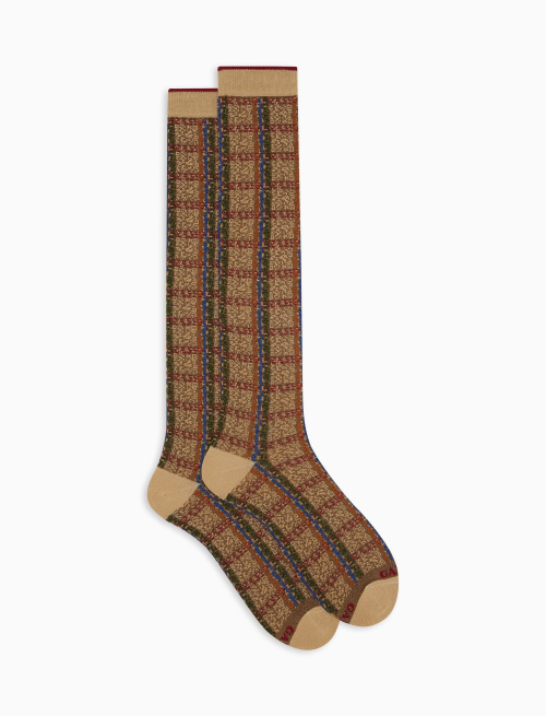 Men’s long beige cotton socks with coloured tartan motif - Socks | Gallo 1927 - Official Online Shop