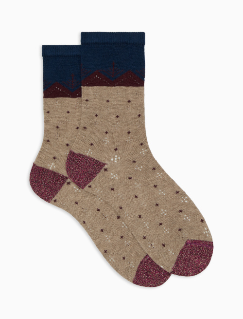 Women's short beige cotton and cashmere socks with micro diamond pattern - Short | Gallo 1927 - Official Online Shop