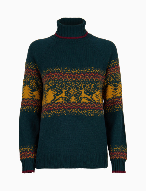 Women's green wool and cashmere turtleneck sweater with decorative Christmas motif - Knitwear | Gallo 1927 - Official Online Shop