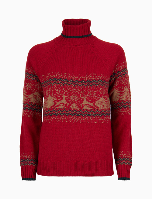 Women's red wool and cashmere turtleneck sweater with decorative Christmas motif - Knitwear | Gallo 1927 - Official Online Shop