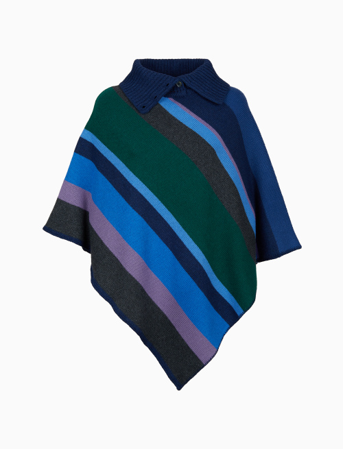 Women's blue wool and cashmere poncho with multicoloured stripes - Knitwear | Gallo 1927 - Official Online Shop