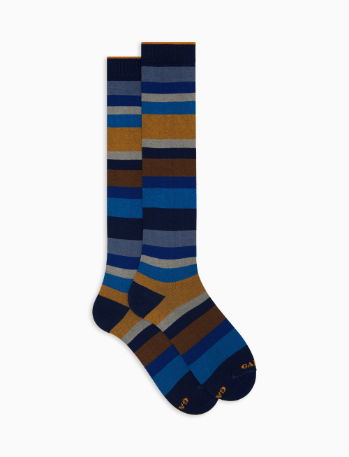 Men's long blue cotton socks with seven-colour stripe pattern - Socks | Gallo 1927 - Official Online Shop