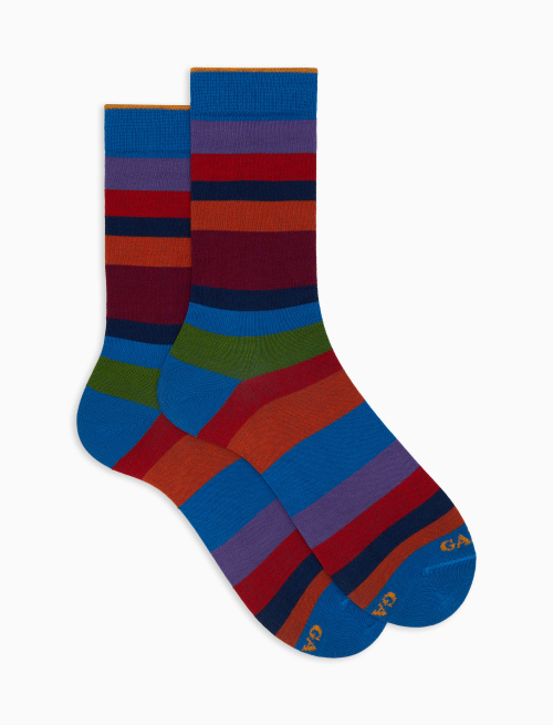 Men's short blue cotton socks with seven-colour stripe pattern - Multicolor | Gallo 1927 - Official Online Shop