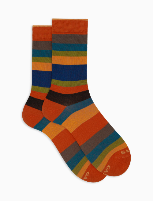 Men's short orange cotton socks with seven-colour stripe pattern - Multicolor | Gallo 1927 - Official Online Shop