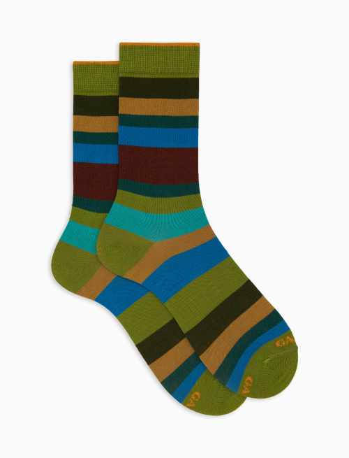 Men's short green cotton socks with seven-colour stripe pattern - Multicolor | Gallo 1927 - Official Online Shop